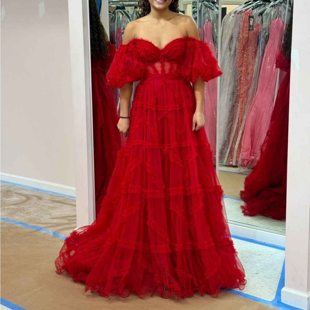 Red Sherri Hill 55558 Off-Shoulder Maxi Gown